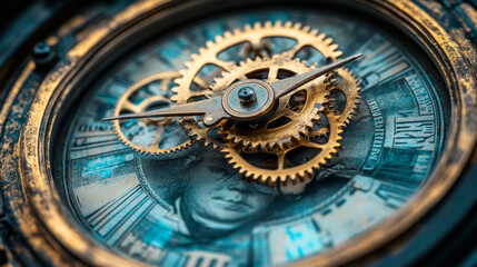 Obraz premium Close-up of a vintage clock featuring golden gears, Roman numerals, and an intricate design, representing the timeless relationship between time and wealth.