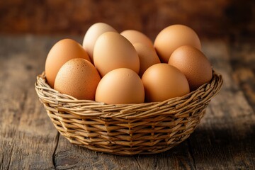 Close-up of a rustic basket filled with farm-fresh brown eggs on a wooden table