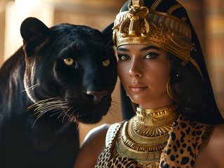 Portrait of a woman in an ancient Egyptian costume with a large black puma