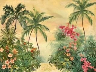 Tropical Nostalgia: Vintage Postcard with Palm Trees and Flowers Wallpaper