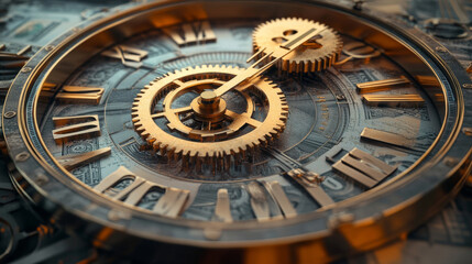 Obraz premium Detailed close-up of a clock featuring golden gears and Roman numerals, symbolizing the intricate connection between time, wealth, and precision.