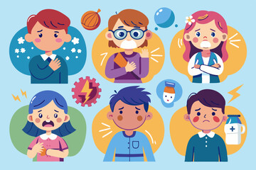 Set of characters experiencing different pain. Headache, toothache, menstrual pain
