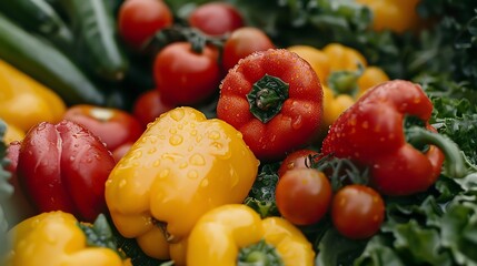 A close-up of fresh, colorful bell peppers and tomatoes with water droplets on them, suggesting a bountiful harvest.