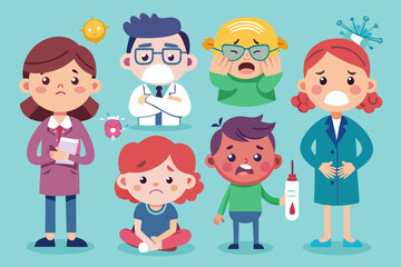 Set of characters experiencing different pain. Headache, toothache, menstrual pain
