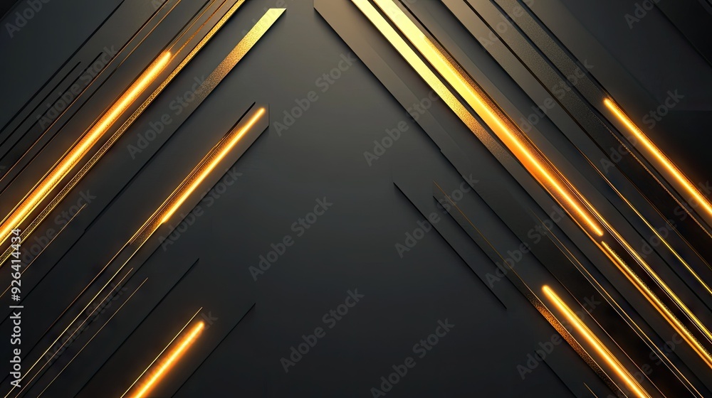 Poster abstract grey background with geometric gold arrows emitting light. the design is modern and futuris