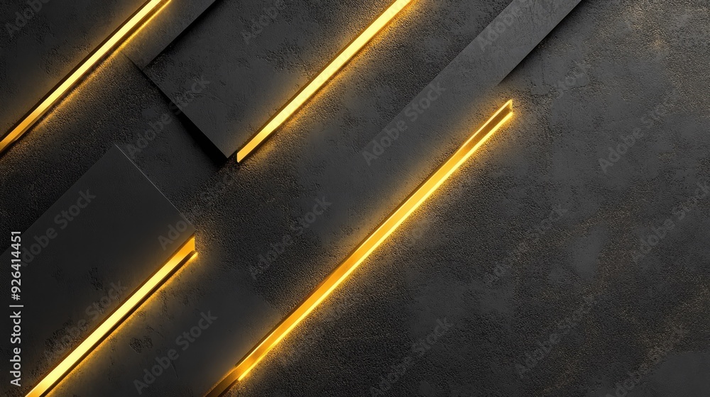 Poster abstract grey background with geometric gold arrows emitting light. the design is modern and futuris