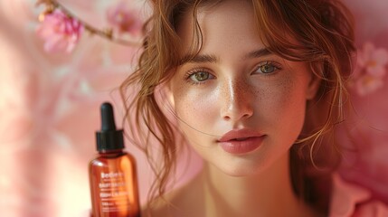 Fototapeta premium Graceful Young Lady Showcasing Her Skincare Routine with Natural Beauty Products. Skincare Essentials for Radiant Skin.