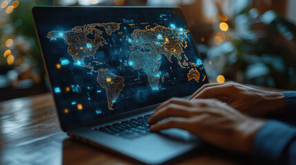 Hands typing on a laptop with a digital blue hologram world map on the screen, global technology interface in a dark room