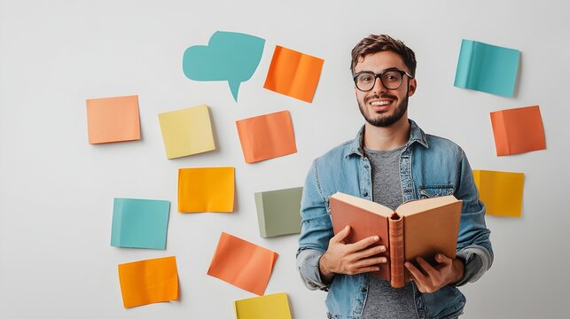 Cheerful Man with Glasses Reading a Book in Office Environment