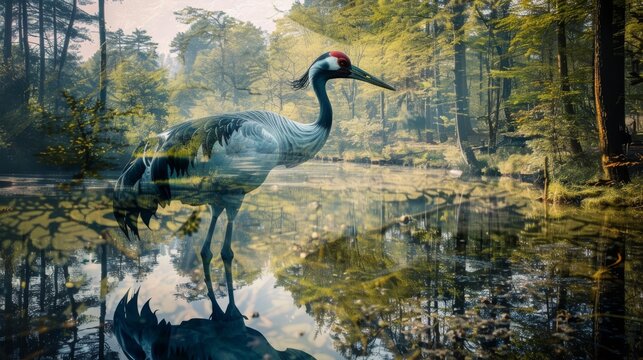 A majesticHe  stands in the water, its reflection shimmering in the still water. The sun shines through the trees, creating a dappled pattern on the forest floor.