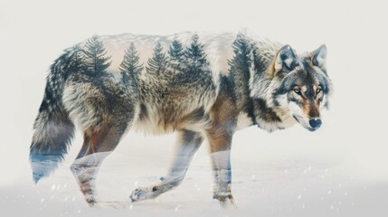 Fototapeta premium A majestic wolf with a double exposure of a forest.
