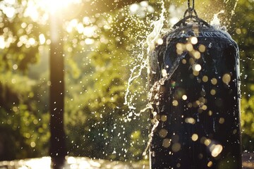 Athlete Punching Water-Filled Training Bag Creating Dynamic Splash.