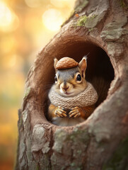 A charming squirrel peeks out from her cozy hollow, donning an acorn hat and wool scarf, as sunlight softly filters through the leaves.