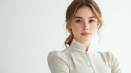 Fototapeta premium A young and beautiful woman in professional attire, facing the camera, delicate costumes. Generative AI