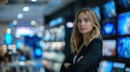 Confident Woman Sales Expert in Technology Store Surrounded by High-Tech Products and Digital Screens - obrazy, fototapety, plakaty