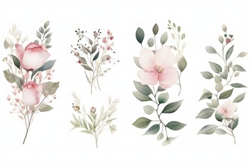 A collection of vintage watercolor elements featuring pink roses and garden flowers with leaves. This flat hand-drawn illustration is isolated on a white background. Created using Generative AI.
