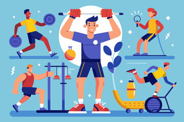 Set of sports character. The man in the gym is warming up and doing exercises on the simulators
