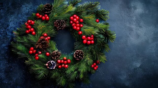 Classic Christmas wreath made of pine, berries, and pinecones, displayed against a dark background.