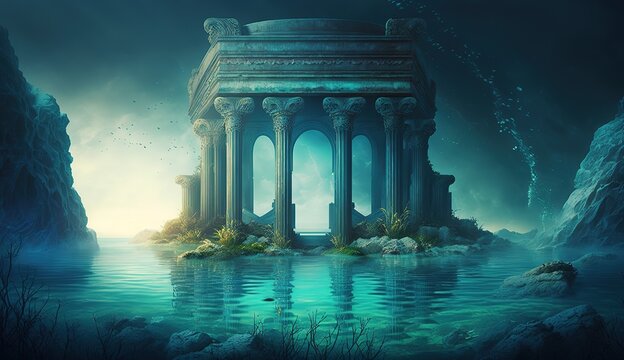 Abstract fantasy landscape, ancient stone temple. Fantasy city on the coast. Atlantis, the lost underwater city