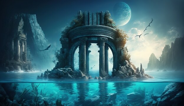 Abstract fantasy landscape, ancient stone temple. Fantasy city on the coast. Atlantis, the lost underwater city