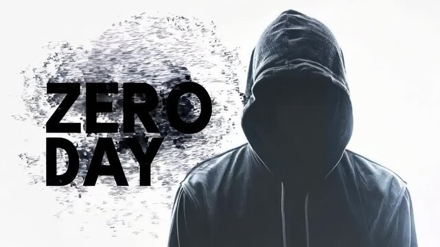 Hooded figure, obscured in darkness, stands beside the bold text ZERO DAY, symbolizing a newly discovered software vulnerability exploited by hackers before a patch is available
