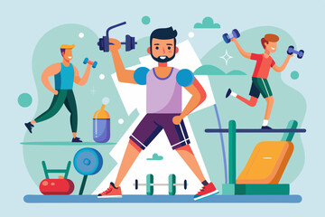 Set of sports character. The man in the gym is warming up and doing exercises on the simulators
