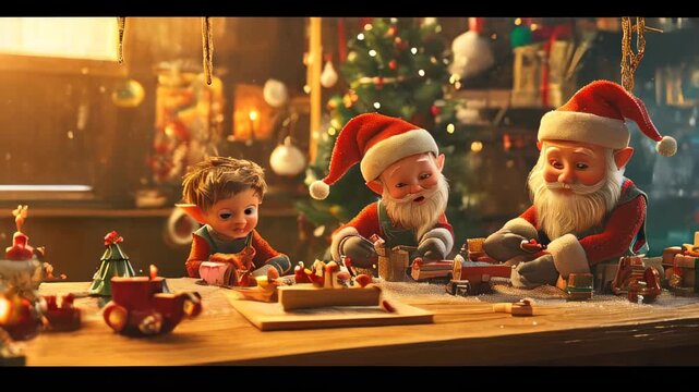 Santa's workshop scene with cheerful elves crafting toys, surrounded by holiday decorations and a warm, festive atmosphere.