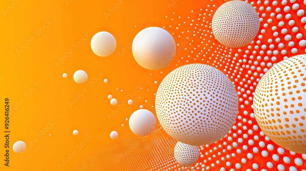 Poster abstract vector design featuring 3d realistic spheres on an orange background. textured with dots or