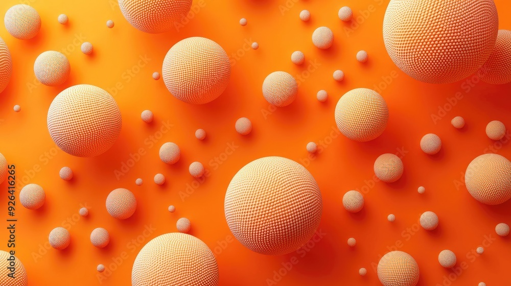 Poster Abstract vector design featuring 3D realistic spheres on an orange background. Textured with dots or letters, great for banner visuals and modern templates.