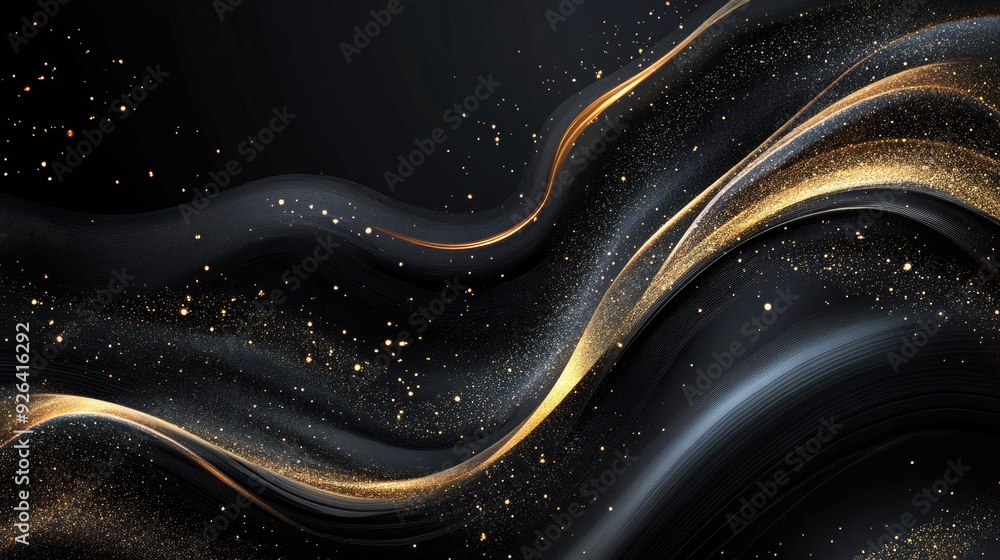 Fototapete Abstract vector design featuring a sleek black background adorned with shimmering golden elements. The modern luxury theme is perfect for high-end branding or advertising.