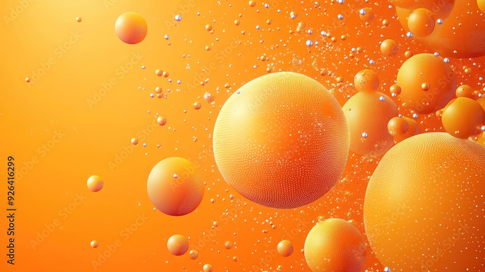Poster abstract vector design featuring 3d realistic spheres on an orange background. textured with dots or