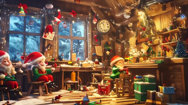 Santa's workshop bustling with elves crafting toys, creating a magical Christmas scene.