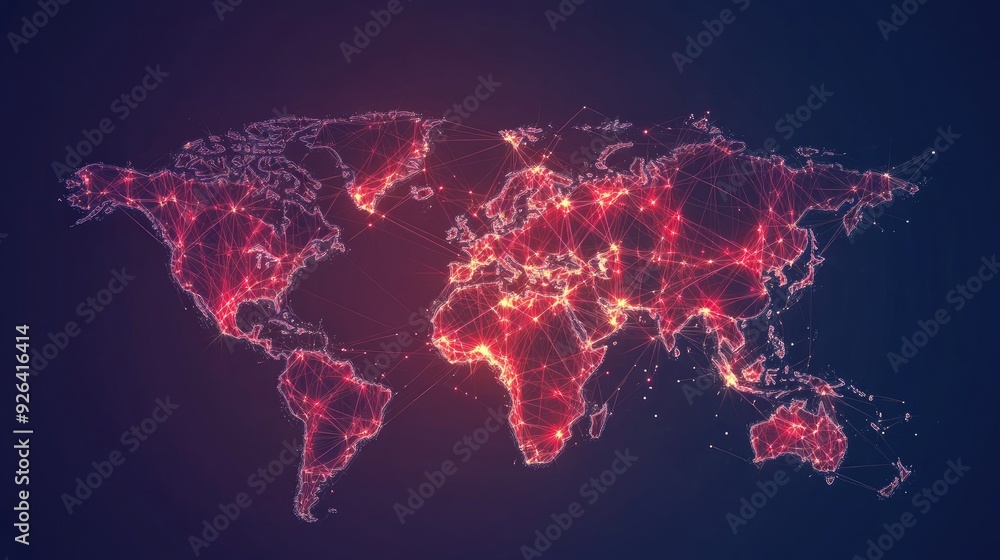 Fototapete abstract vector world map highlighting global telecommunication networks with data connections. mode