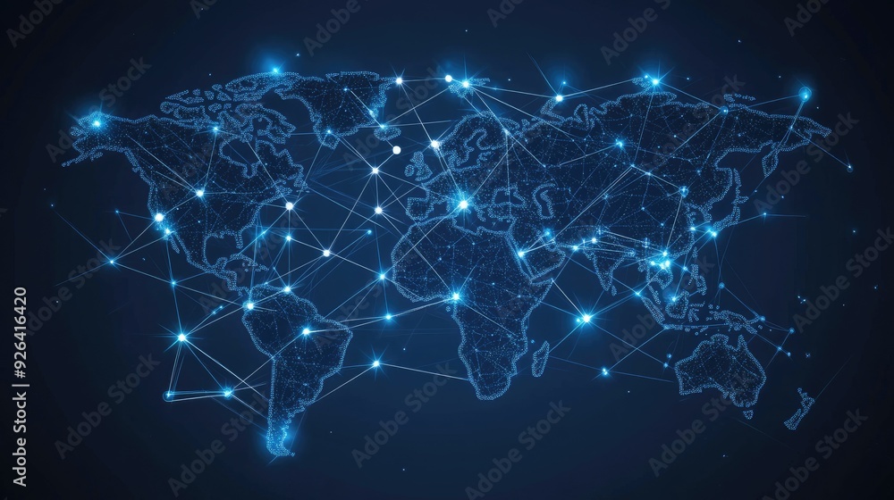 Fototapete abstract vector world map highlighting global telecommunication networks with data connections. mode
