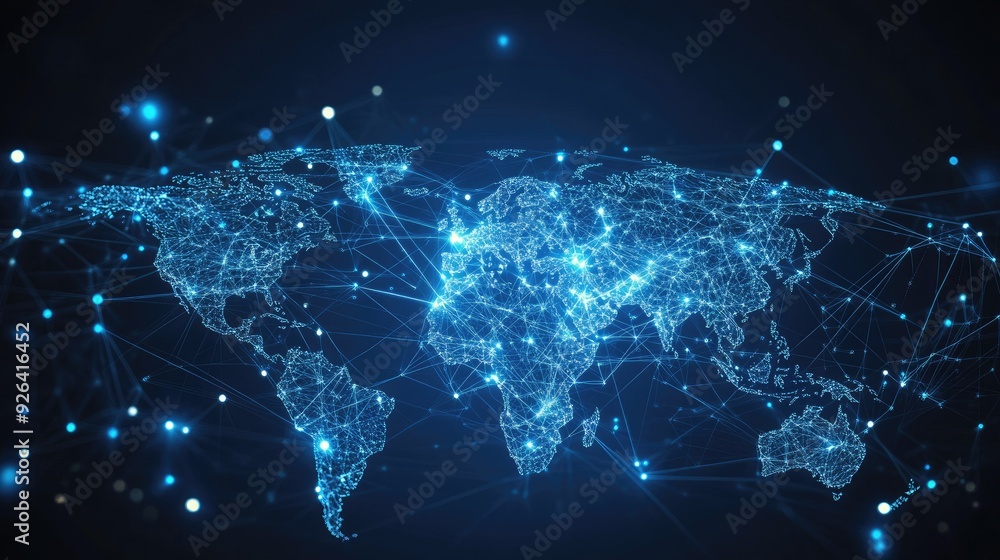 Poster abstract vector world map highlighting global telecommunication networks with data connections. mode