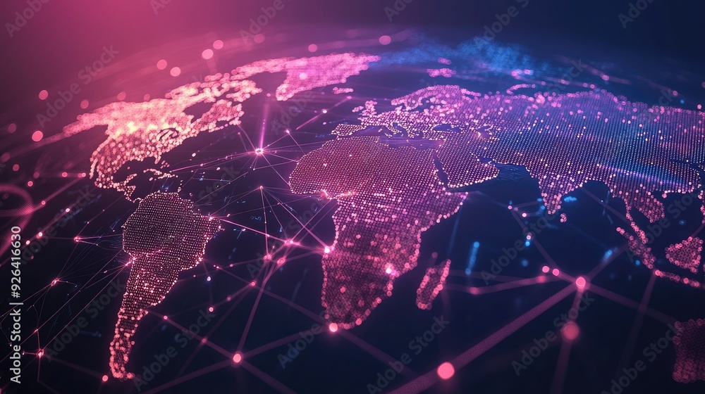 Poster abstract world map with glowing lines and data nodes illustrating global telecommunication networks.