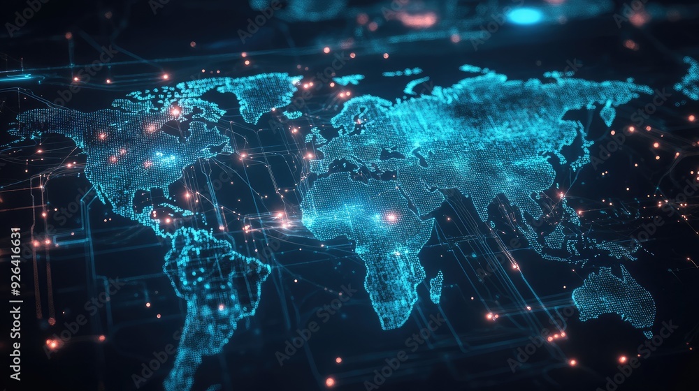 Poster abstract world map with glowing lines and data nodes illustrating global telecommunication networks.