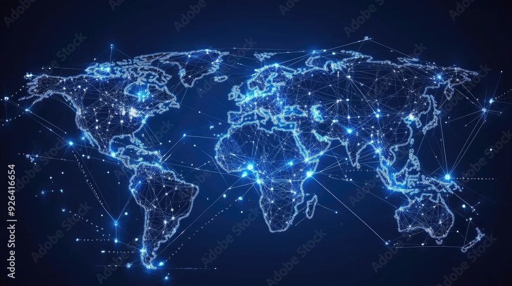 Poster abstract world map with glowing lines and data nodes illustrating global telecommunication networks.