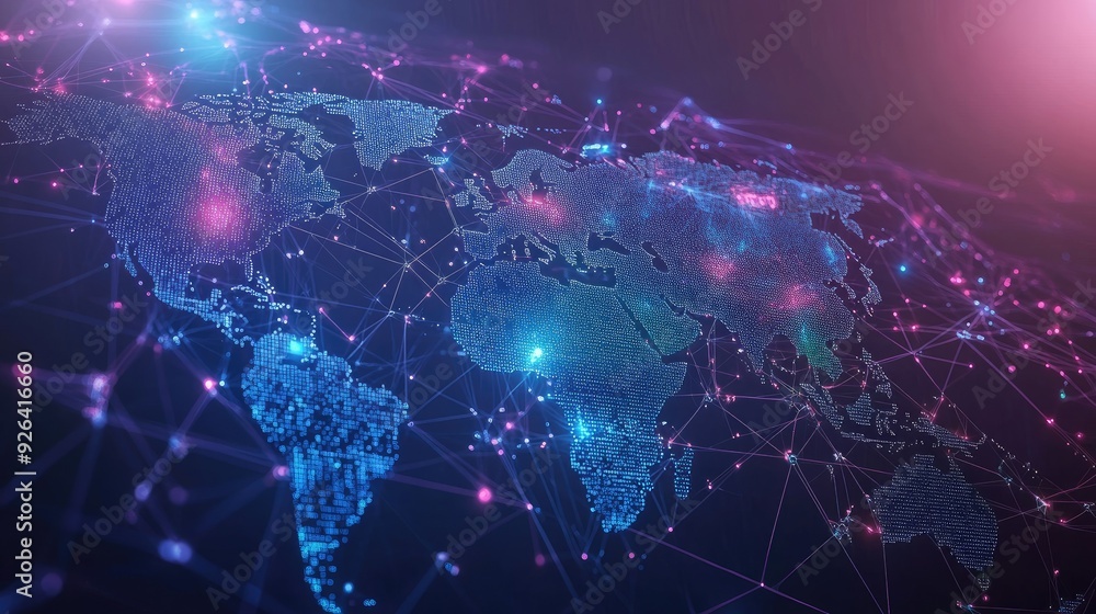 Poster abstract world map with glowing lines and data nodes illustrating global telecommunication networks.