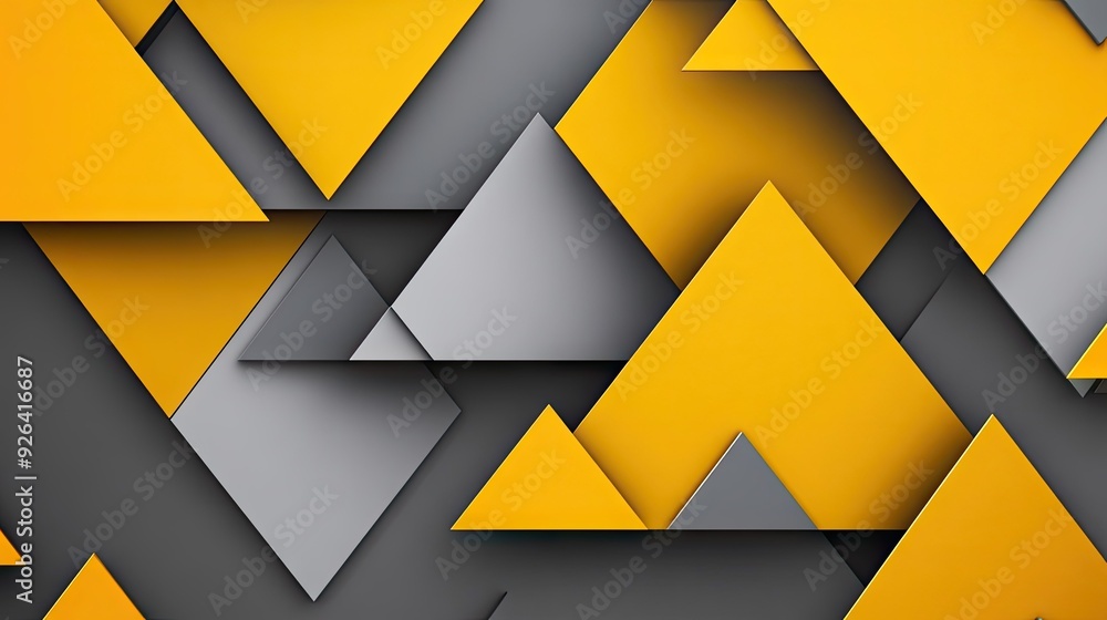 Poster abstract yellow-grey triangle arrow shapes create a visually striking geometric pattern on a sleek b