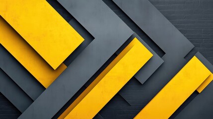 Abstract yellow-grey triangle arrow shapes create a visually striking geometric pattern on a sleek background. The modern design features generous blank space for text and graphics.