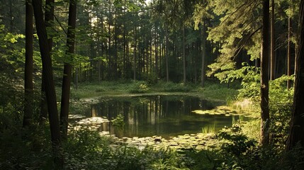Secluded Forest Glade with a Crystal-Clear Pond Surrounded by Towering Trees and Thick Underbrush. AI generated illustration