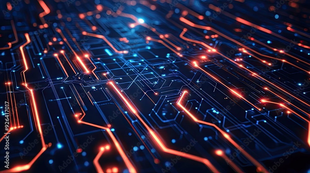Poster artificial intelligence themed background with glowing circuit lines and digital patterns. ide