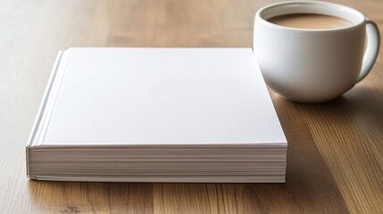 A stack of blank paper with a white mug of coffee on a wooden table.