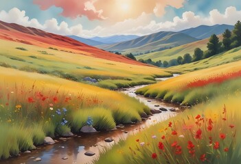 A grassy meadow with wildflowers in the foreground, surrounded by rolling green hills and a blue sky with fluffy white clouds