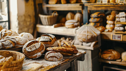 Fototapeta premium Bakery with freshly baked bread, variety of bread loaves, rolls, and baguettes displayed in baskets and on wooden shelves in the English countryside village