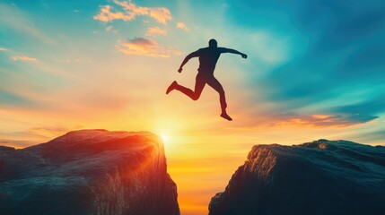 A man silhouette mid-jump over a gap, with a glowing sunset in the background, representing achievement and the pursuit of goals