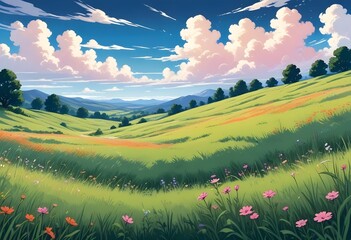 Obraz premium A grassy meadow with wildflowers in the foreground, surrounded by rolling green hills and a blue sky with fluffy white clouds