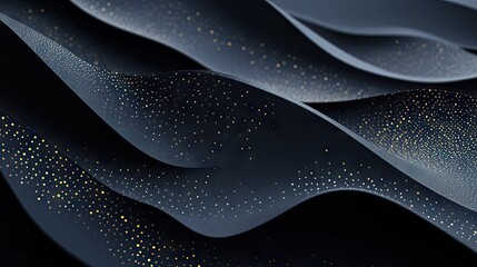 Obraz premium Black paper layers with a 3D geometric design and golden glittering dots, creating a sleek and elegant abstract background for high-end graphics.