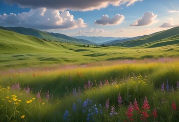 A grassy meadow with wildflowers in the foreground, surrounded by rolling green hills and a blue sky with fluffy white clouds